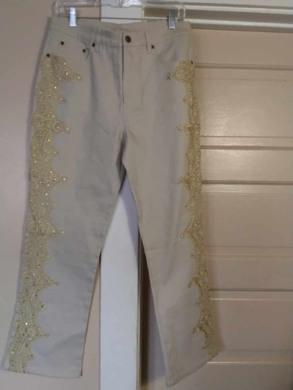 DG2 by Diane Gilman Cream Straight-Leg Pants with Gold Lace Trim